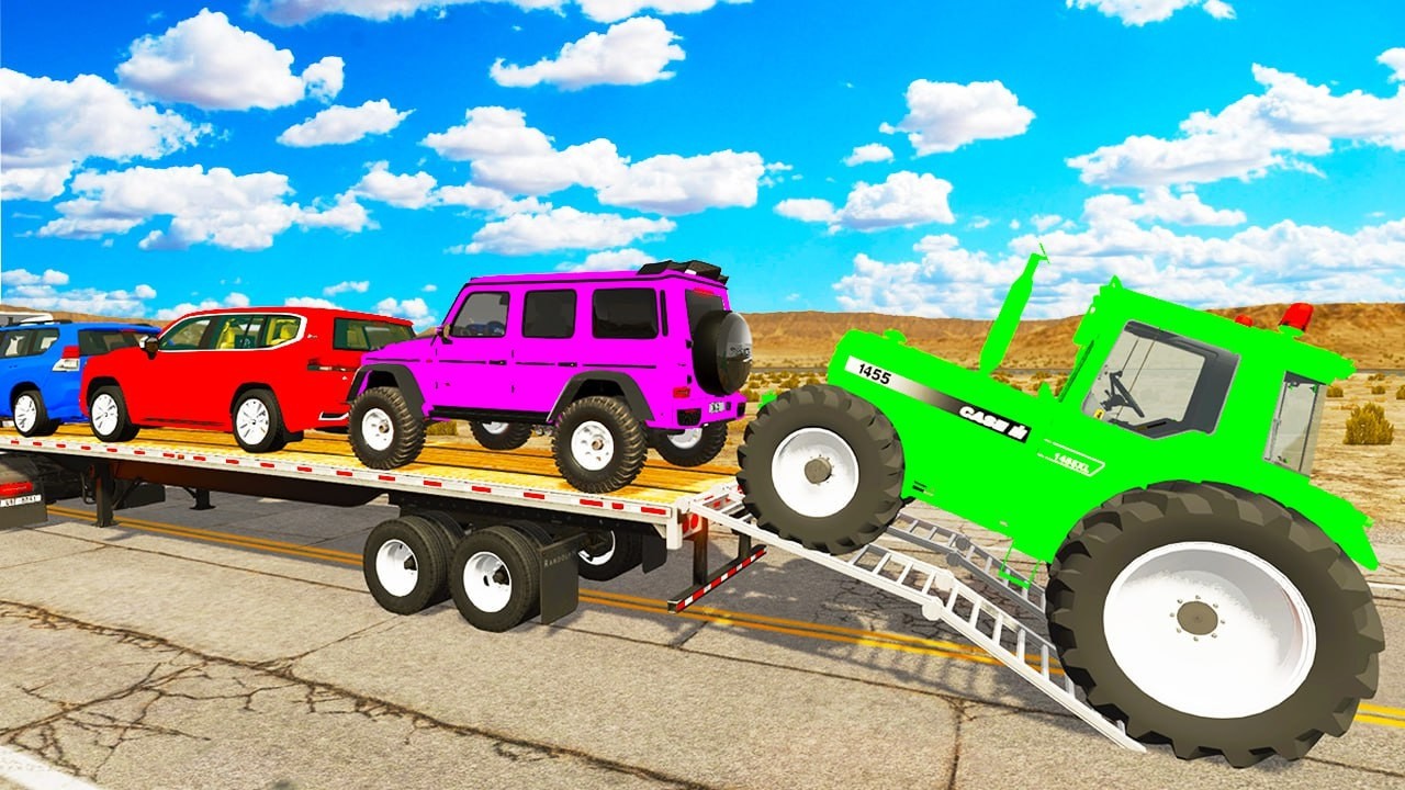 TRANSPORTING PIXAR CARS & FRUITS WITH COLORED & JOHN DEERE vs CLAAS vs TRACTORS - BeamNG.drive