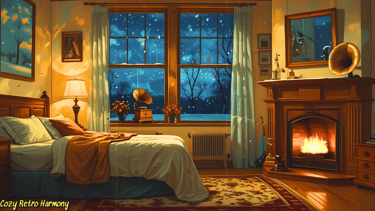 Cozy 1940s Winter night with vintage oldies playing in another room