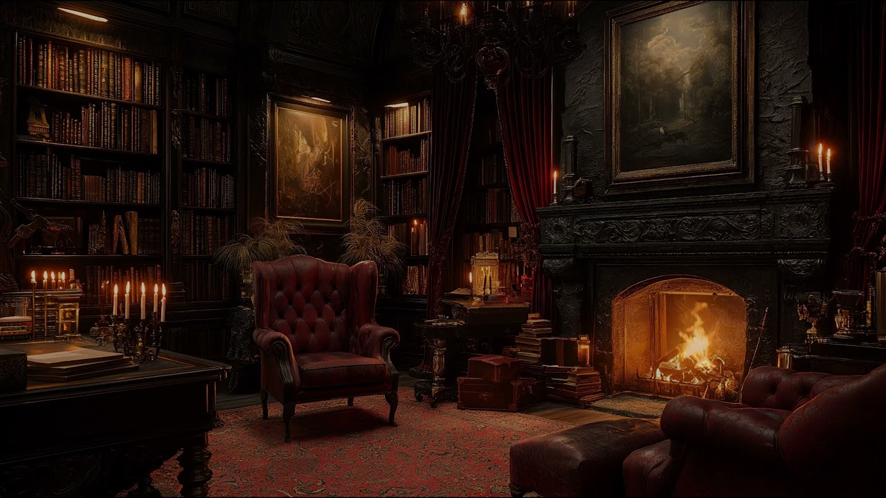 Cozy Library Fireplace with Leather Chairs and Fire Sounds for Restful Sleep and Deep Relaxation