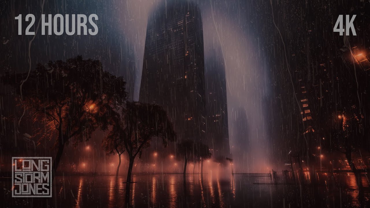 Relaxing Heavy Splatty Rain & Rolling Thunder in the Moody City at Night | 12 Hours | RELAX | SLEEP