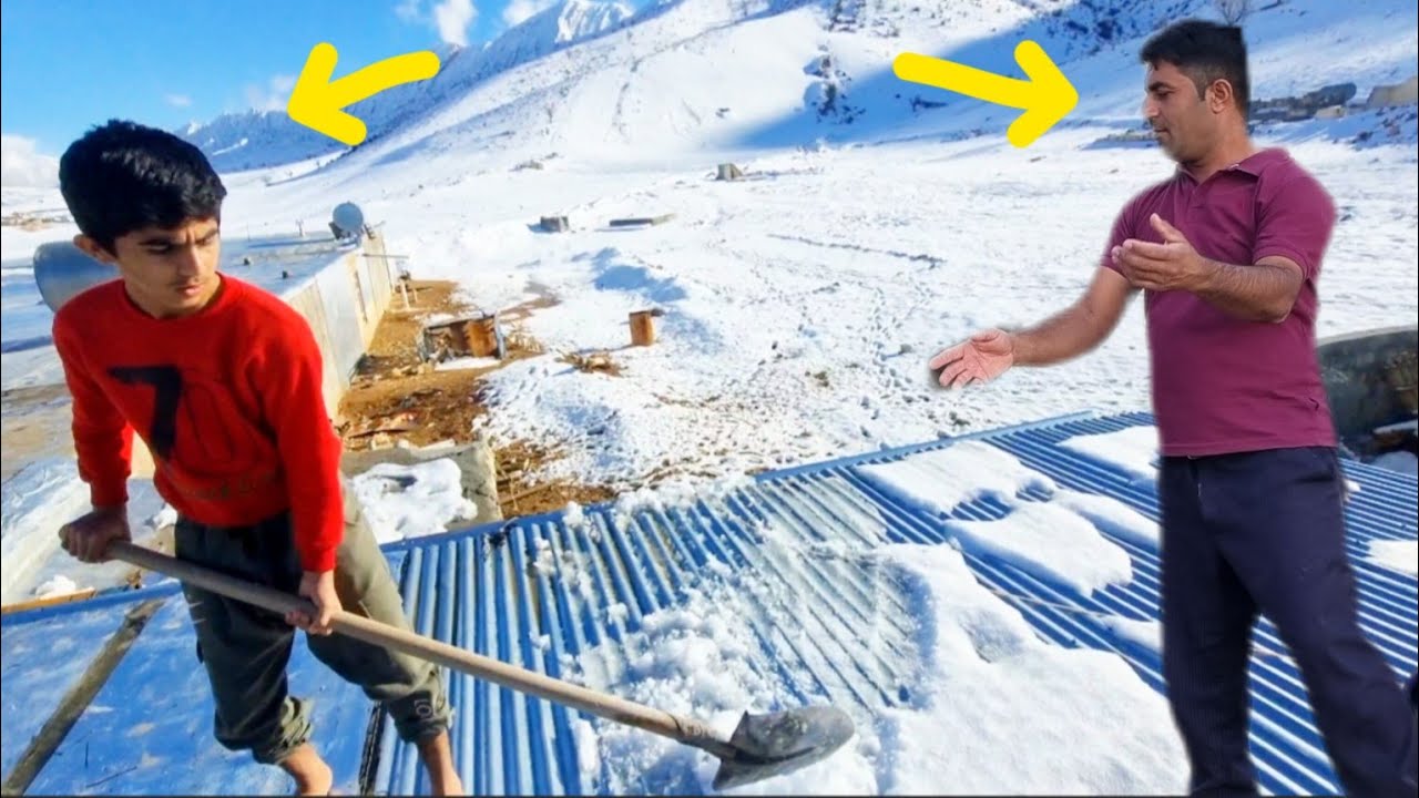 Cleaning around the house by Omid and his family in winter