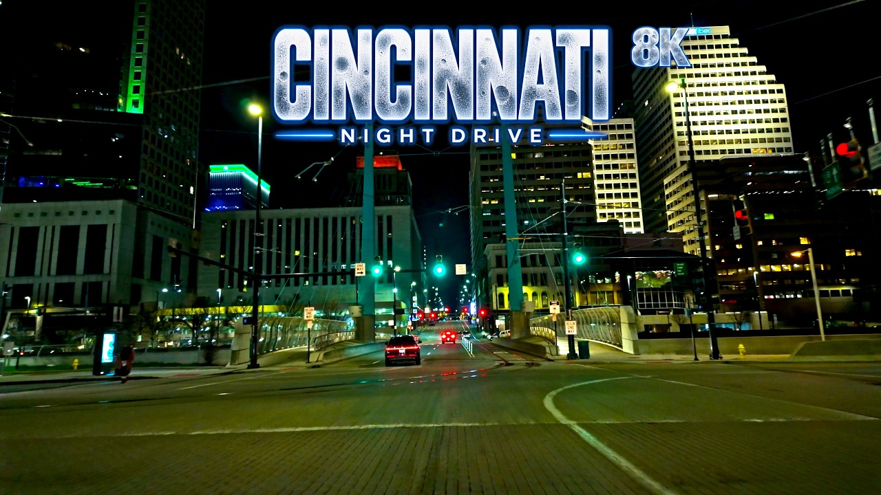 Cincinnati, OH. - 8K - Relaxing Video - Driving Downtown at night. [ASMR]