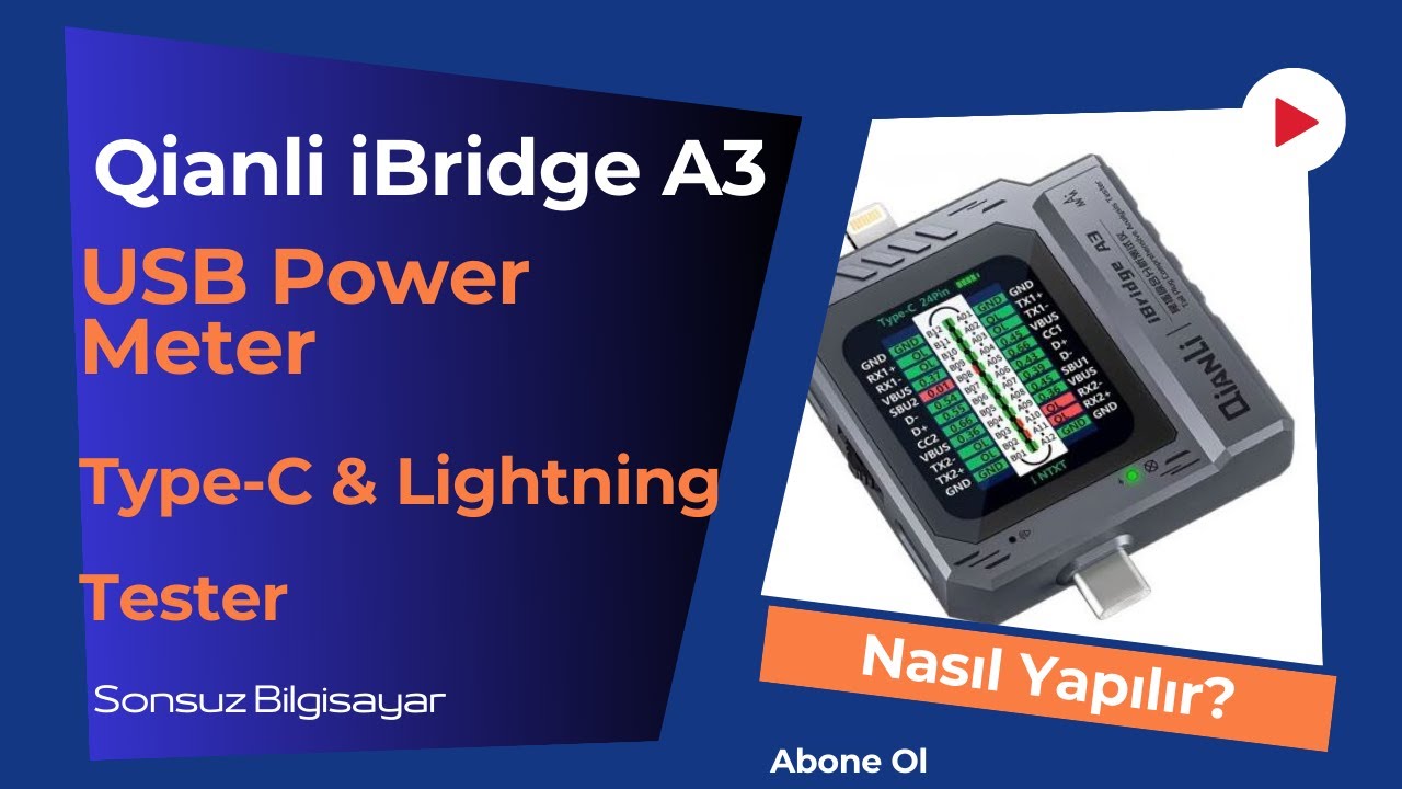 USB Power Meter | Lenovo Laptop Şarj Kapasitesi Ölçümü QIANLI iBridge A3 Type-C & Lightning Tester