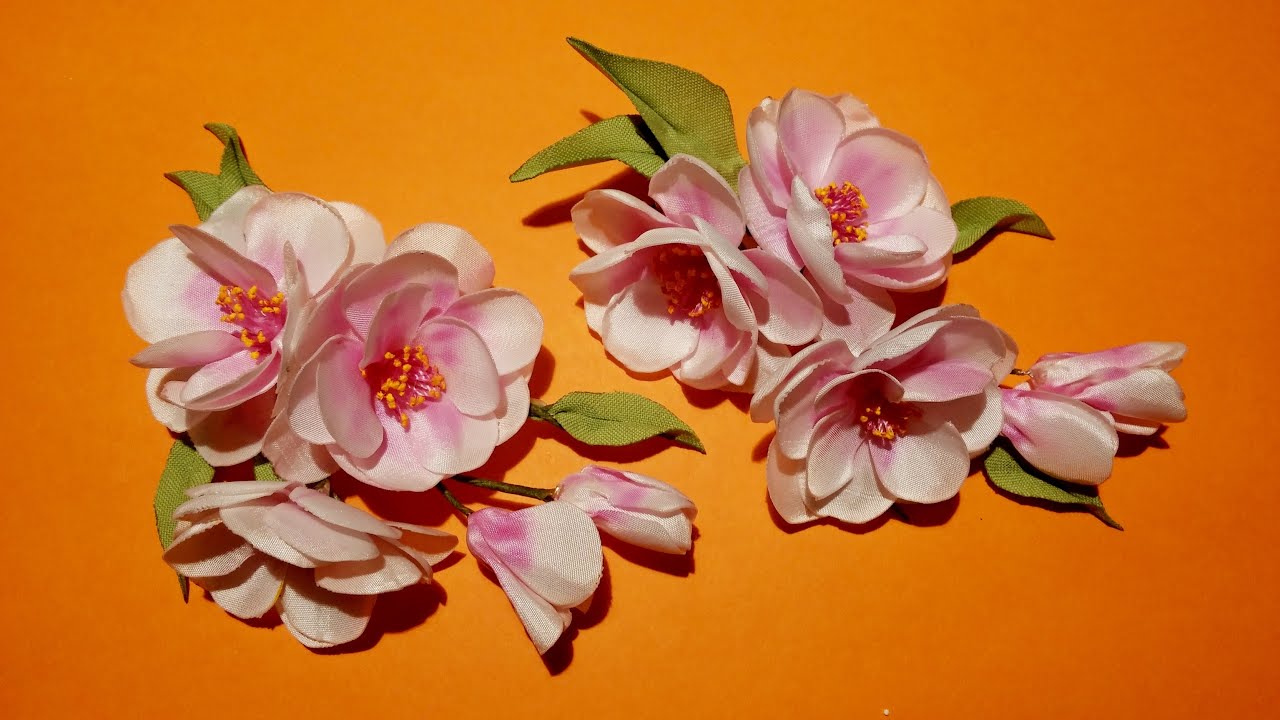 Fabric flowers how to make: sprig of cherry blossoms/цветы из ткани: веточка сакуры