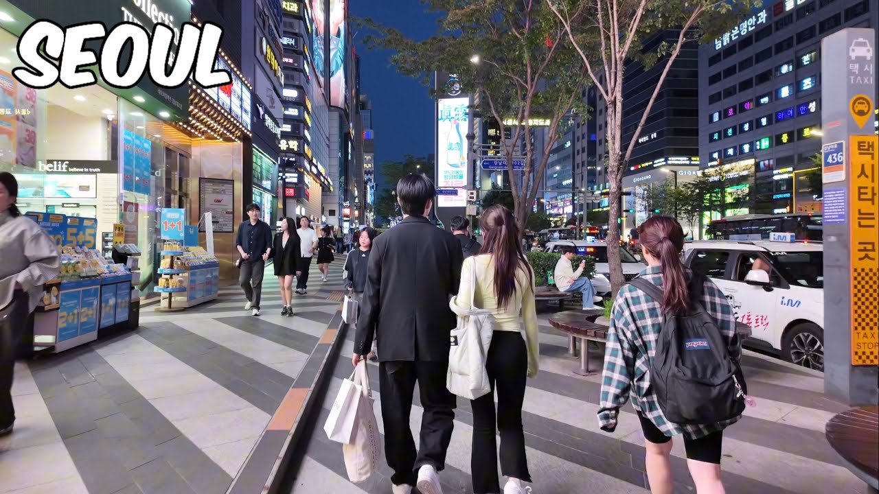 Gangnam Street Walking Tour. Seoul City Korea 4k City Tour
