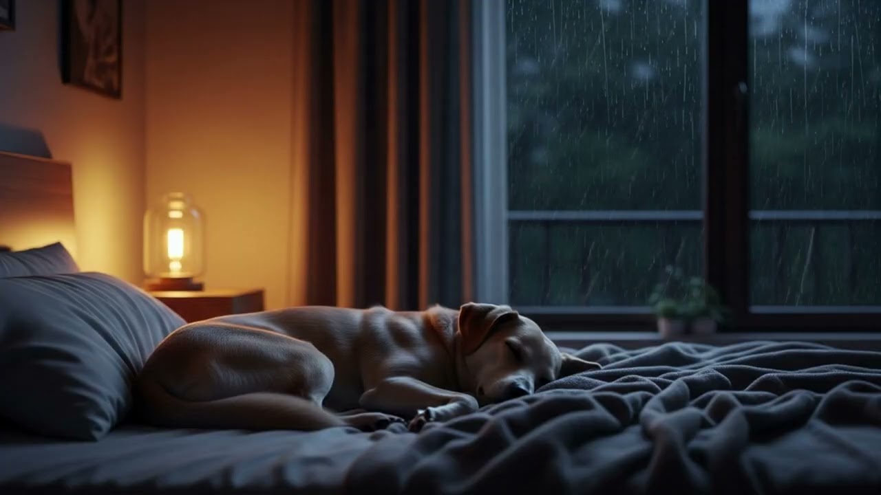 Rain Sounds & Relaxing Music for Calm | Cozy Bedroom Ambience, Sleeping Dog at Night 🐶🌧️