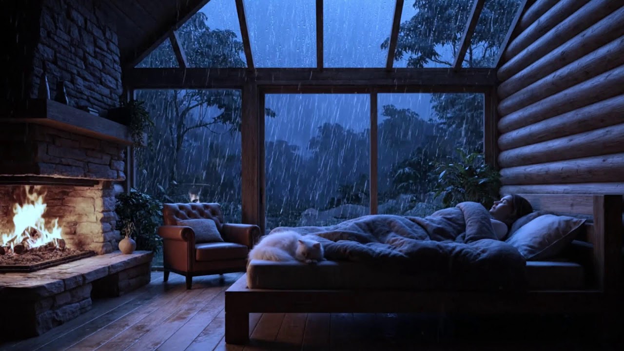 Deep Sleep Guaranteed 😴 Rain Outside Glass & Fireplace Night Ambience
