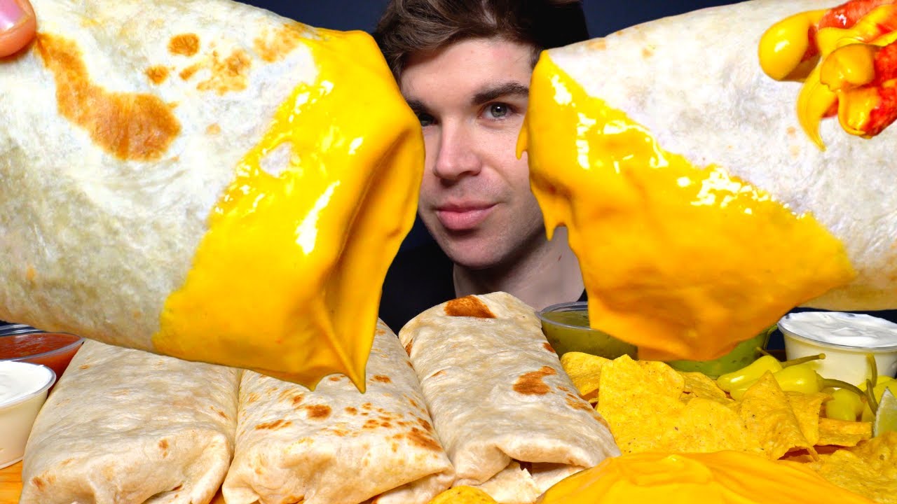 ASMR MUKBANG GIANT BURRITOS WITH CHEESE & CHIPS GUACAMOLE & SOUR CREAM | Magic Mikey