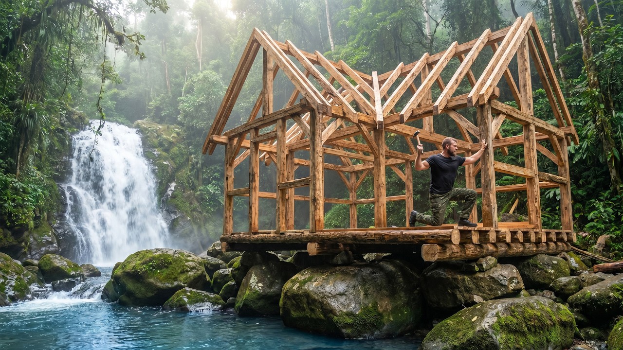 30 Days Building a Cozy Wooden Cabin Under a Waterfall | Bushcraft Survival
