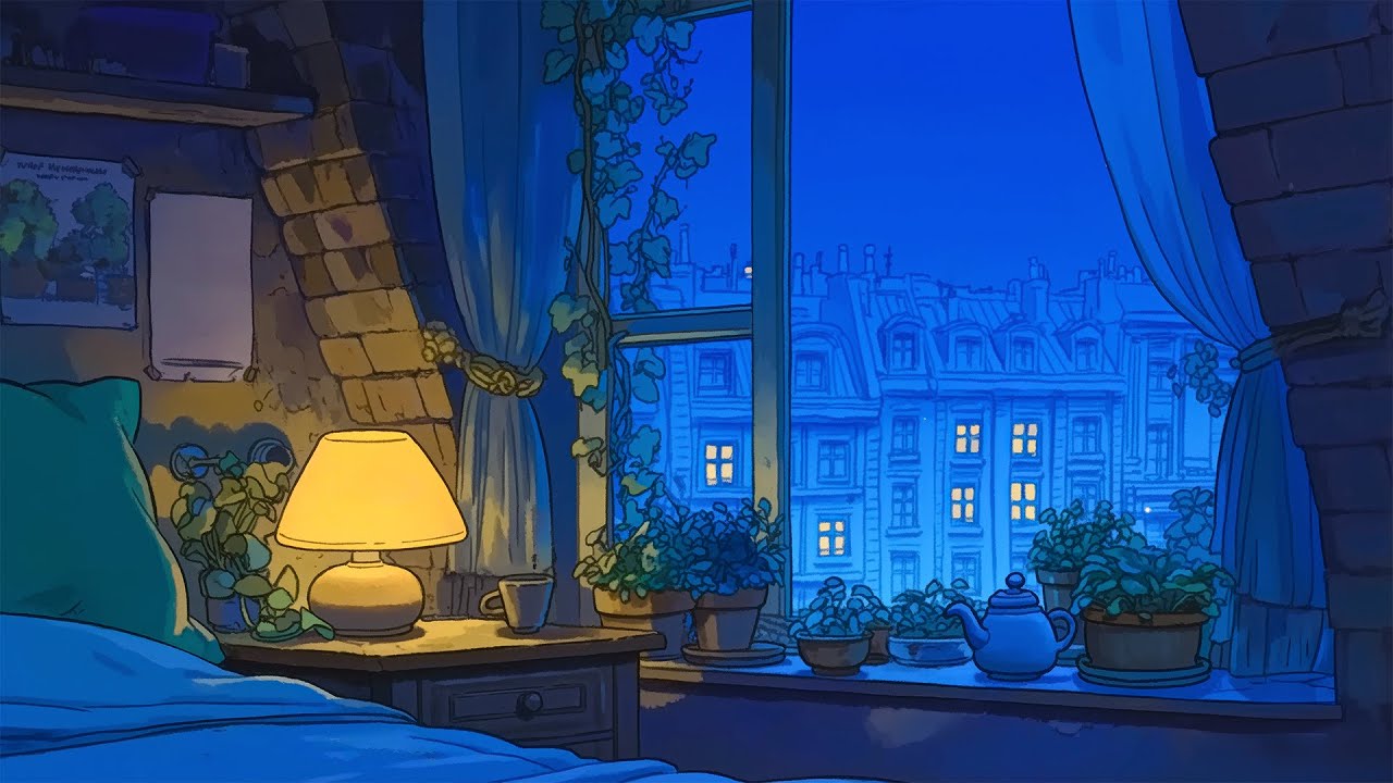 cozy attic with oldies playing in another room for relaxation (rainy night sounds)