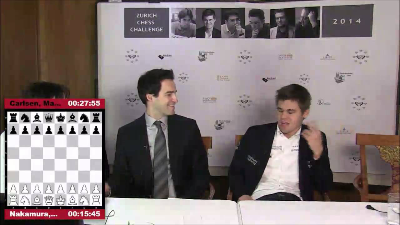 Game ending, Magnus Carlsen commenting his game against  Hikaru Nakamura at Zurich Chess 2014