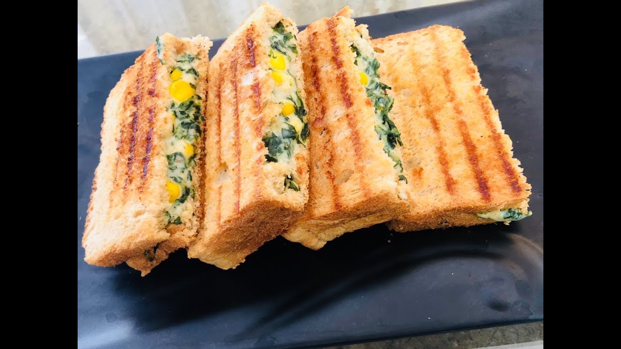 Spinach Corn Sandwich | Cheesy Corn Spinach Sandwich |  Palak Corn Sandwich Recipe