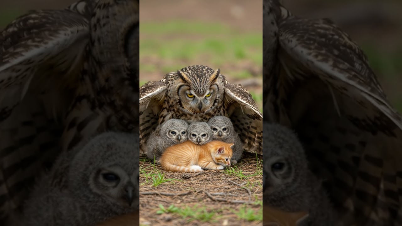 Mother Owl Protects the Little Kitten and Her Brave Rescue Mission 