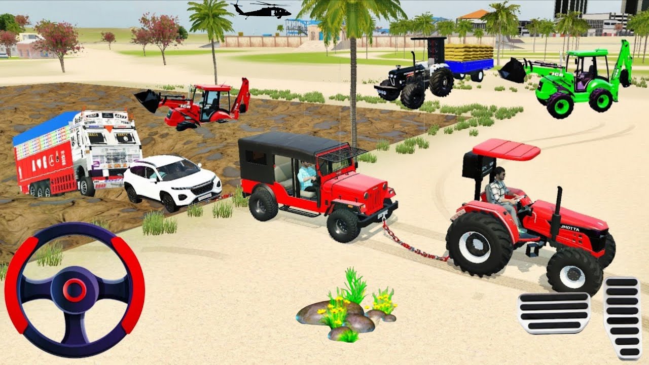 Indian truck stuck in mud tractor and car rescue the truck#drivinggames #farminggameplay 