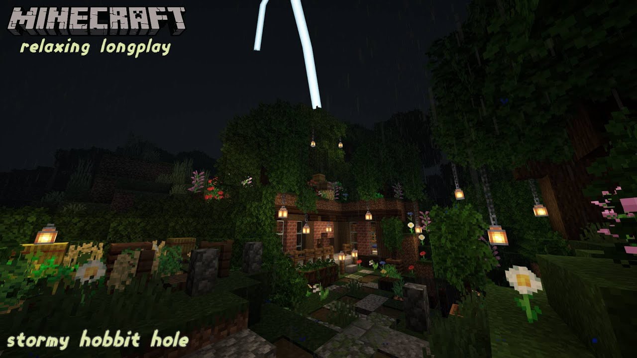 Minecraft Relaxing Longplay - Stormy Rainfall, Building a Cozy Hobbit House  (No commentary) [1.17]