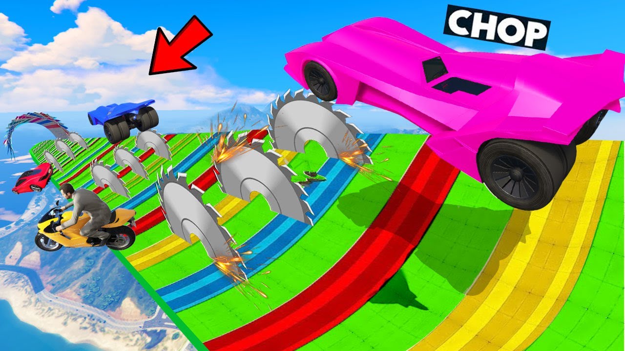 GTA 5 CHOP AND FROSTY SLIDE THROUGH THE MEGA RAMP OF BLADES