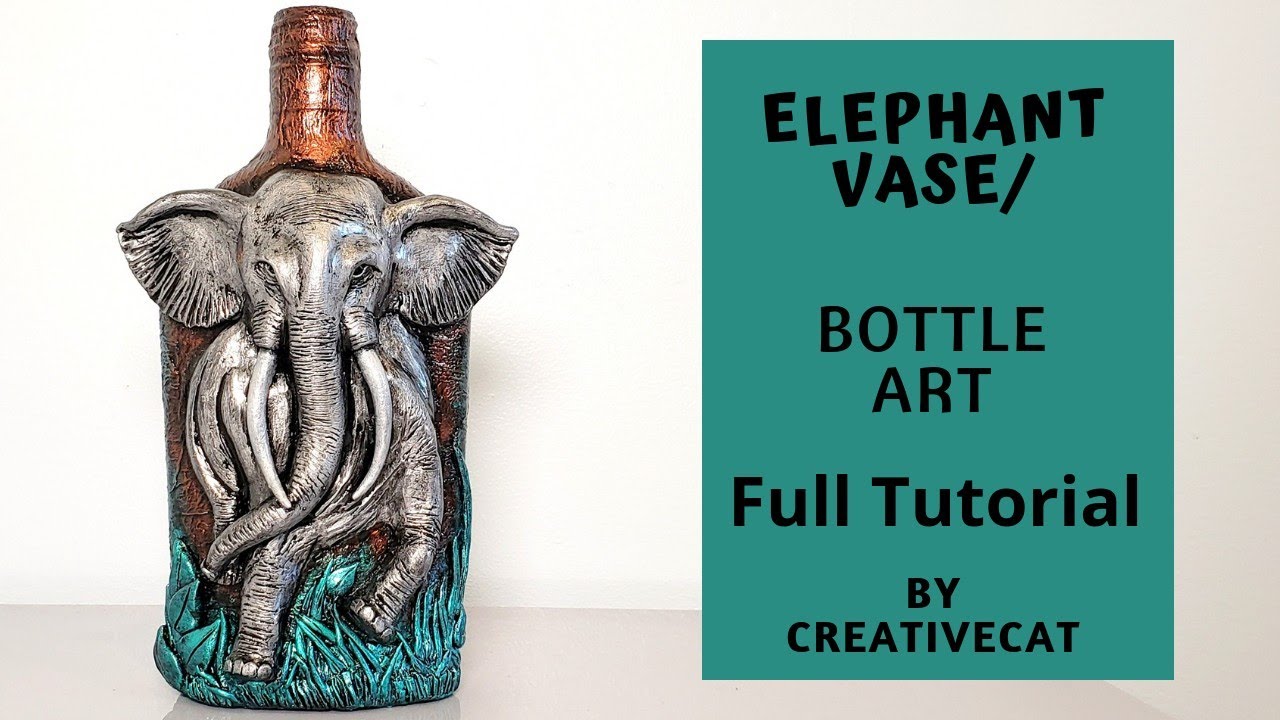 Elephant Bottle art/Decorative Vase/Elephant Clay Mural/Wine bottle art/art and craft
