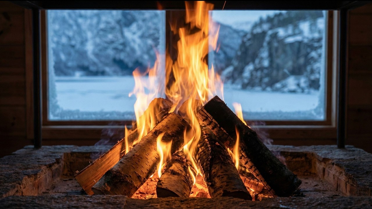 4K Norwegian Fjord Winter Cabin Fire 🔥 Cozy Fireplace in Remote Snowy Mountains
