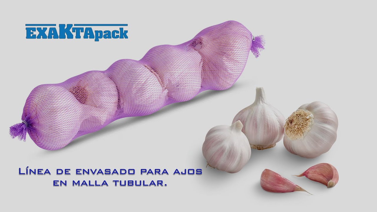 Envasado de ajos en malla tubular. 4 posiciones de enmallado