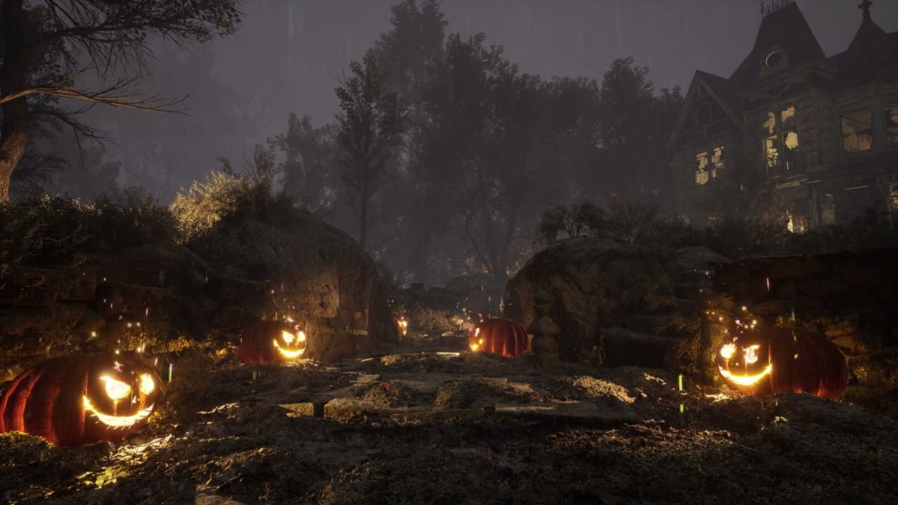 Spooky Halloween Ambience On Rainy Night | Haunted House And Thunder & Rain Sounds 8 Hours