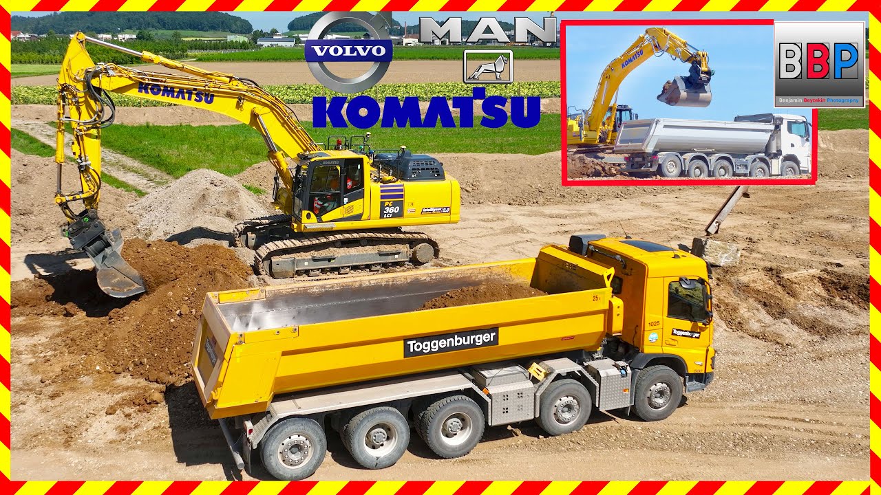 Komatsu PC360LCi & MAN, Volvo Kipper, Abraum im Kieswerk, 2025. Teil 1  #komatsuexcavators