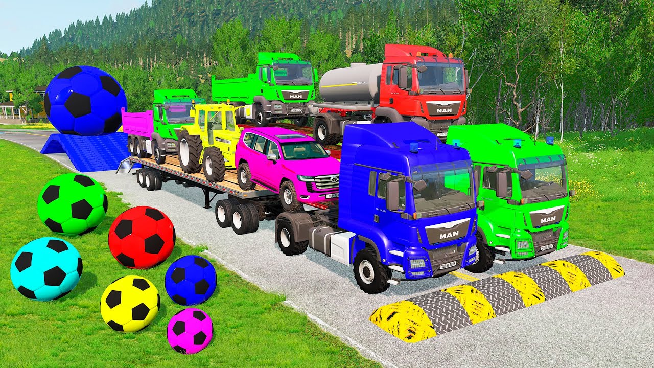 Flatbed Trailer McQueen Transportation with Truck - Speedbumps vs Cars vs Train - BeamNG.Drive #5