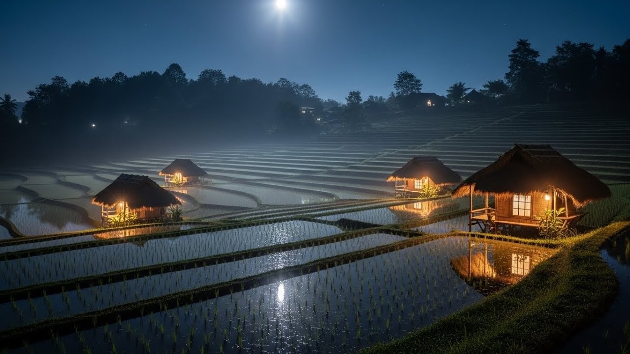 Midnight Hush Chill Lofi Waves Rolling Lightly Through Peaceful Glowing Rice Fields