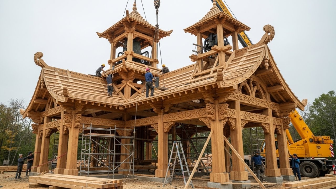 He Built $600,000 Temple Bell Tower With Woodworking Style. Full Construction Process