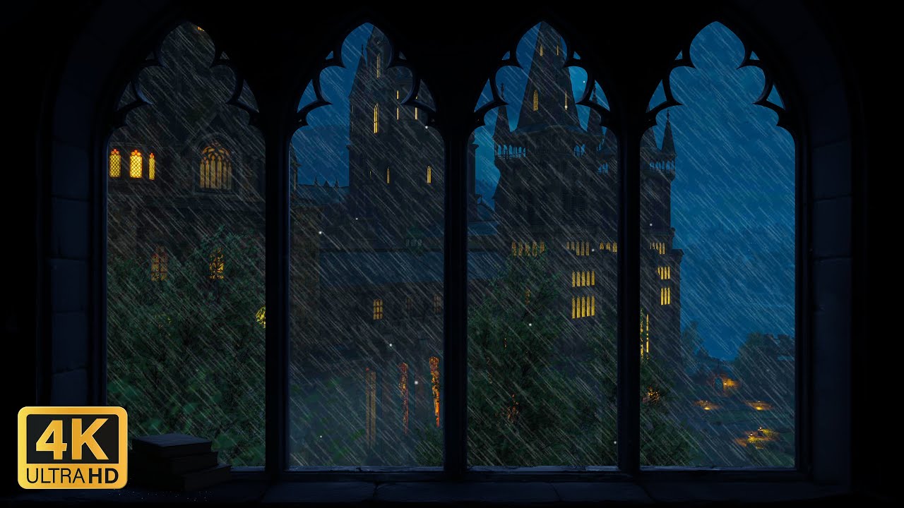 Rain Storm Window View of Hogwarts Castle - Rain Ambience & Wind Sounds for Study and Sleep | 4K