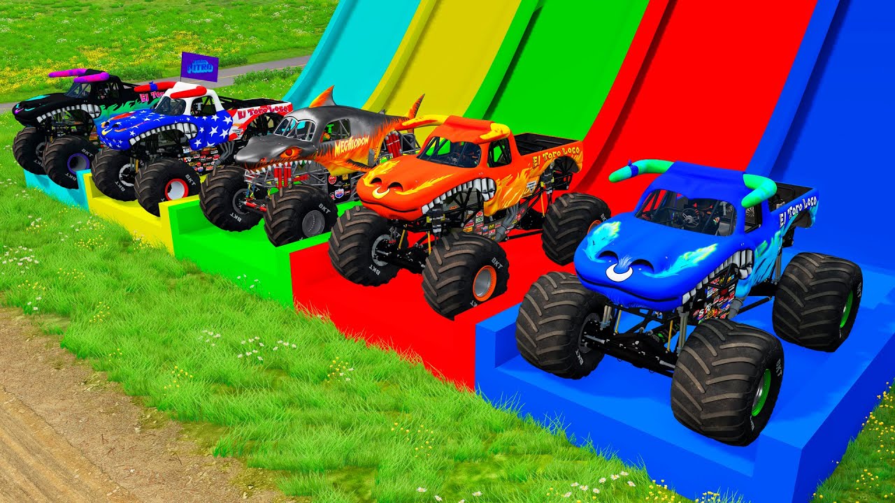 Double Flatbed Trailer Monster Trucks Transport with Slide Color - Cars vs Speed bump - BeamNG #10