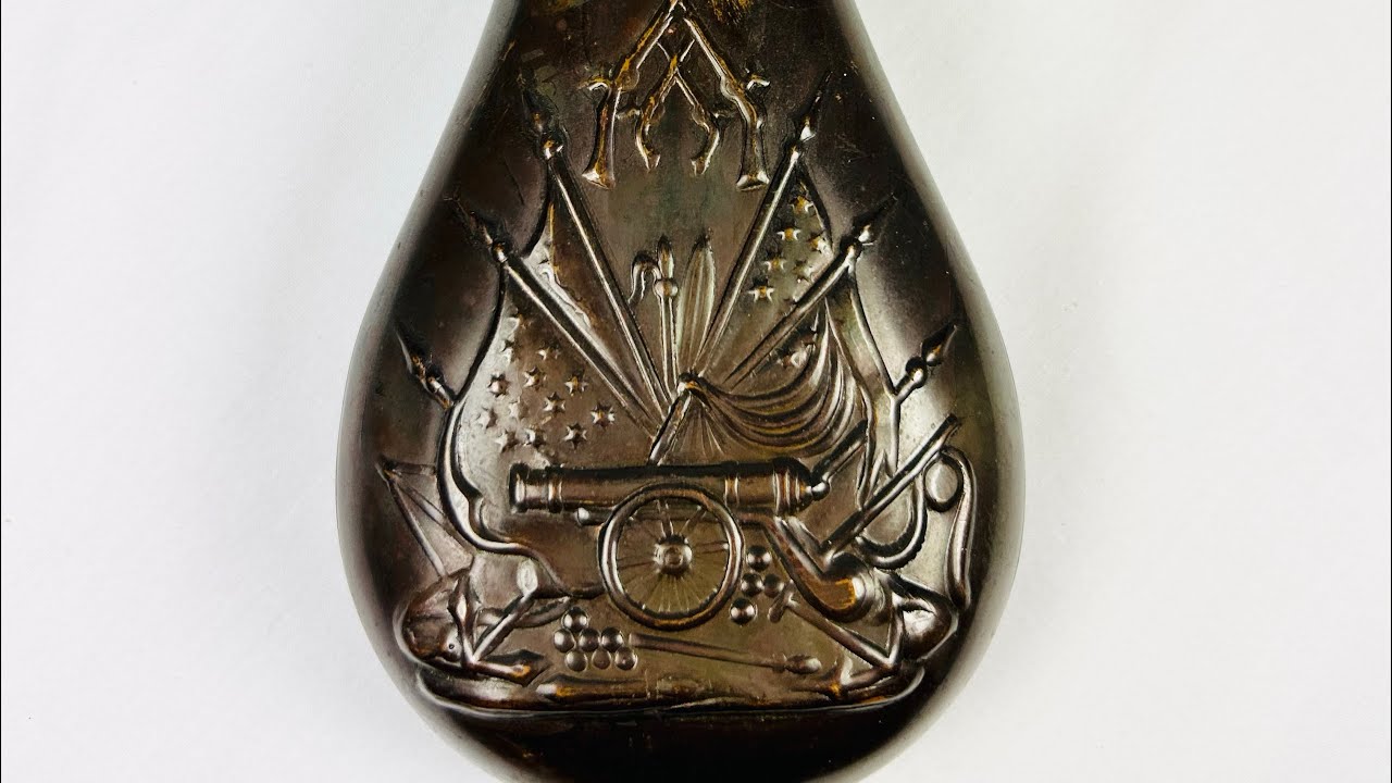 PATRIOTIC STAND OF ARMS POWDER FLASK | COPPER BODY WITH BRASS SPOUT | CIRCA 19TH CENTURY