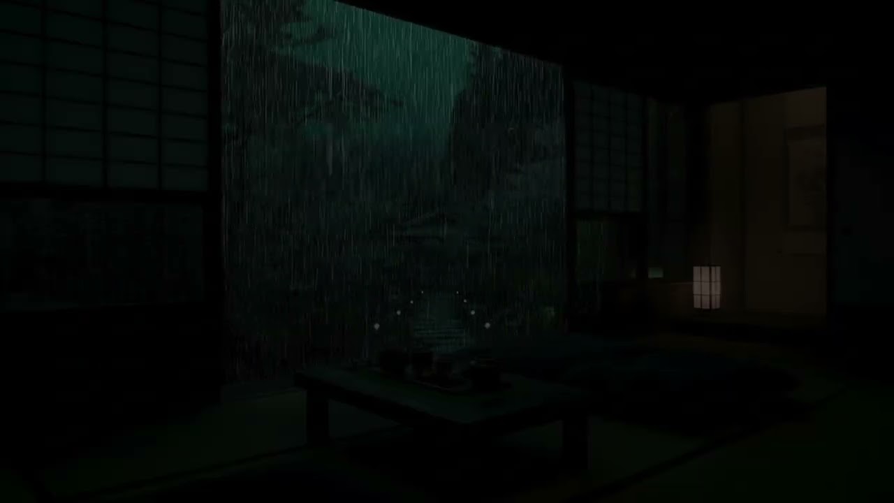Steady Night Rain Creating a Calm Dark Room Atmosphere