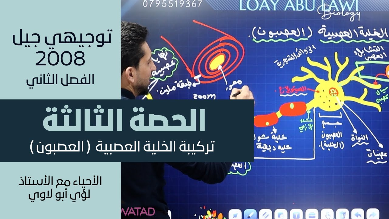 الحصة الثالثة من مادة الفصل الثاني 2008 | تركيبة الخلية العصبية | الأحياء مع الأستاذ لؤي أبولاوي