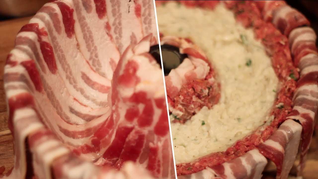 Bacon Wrapped Mashed Potato Stuffed Meatloaf- Buzzfeed Test #109