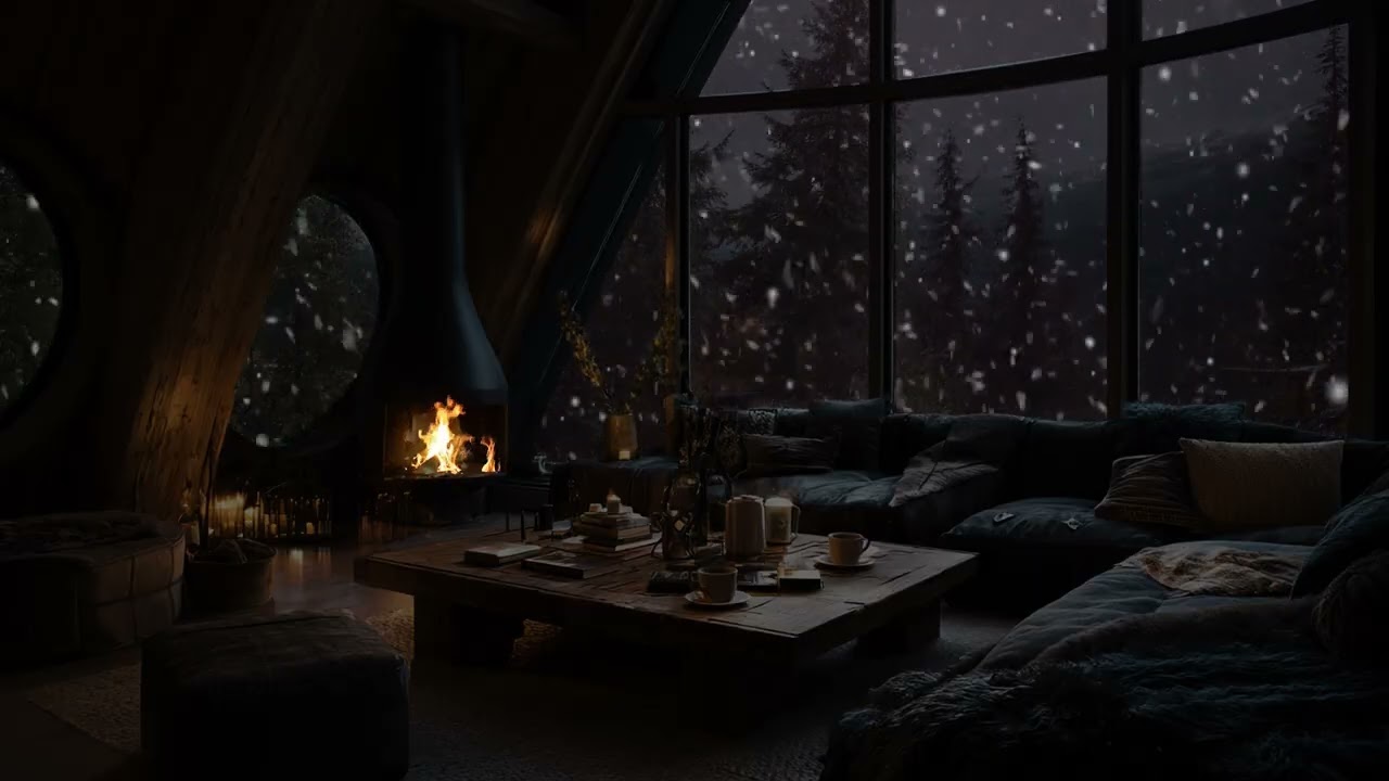 Relax Your Mind and Sleep Deeply with Cozy Fireplace and Snowfall Sounds in a Wooden Cabin