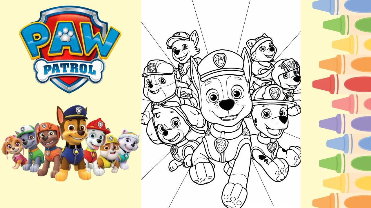 Paw Patrol Colouring Page I Chase, Skye, Rubble, Rocky, Everest, Zuma & Marshall