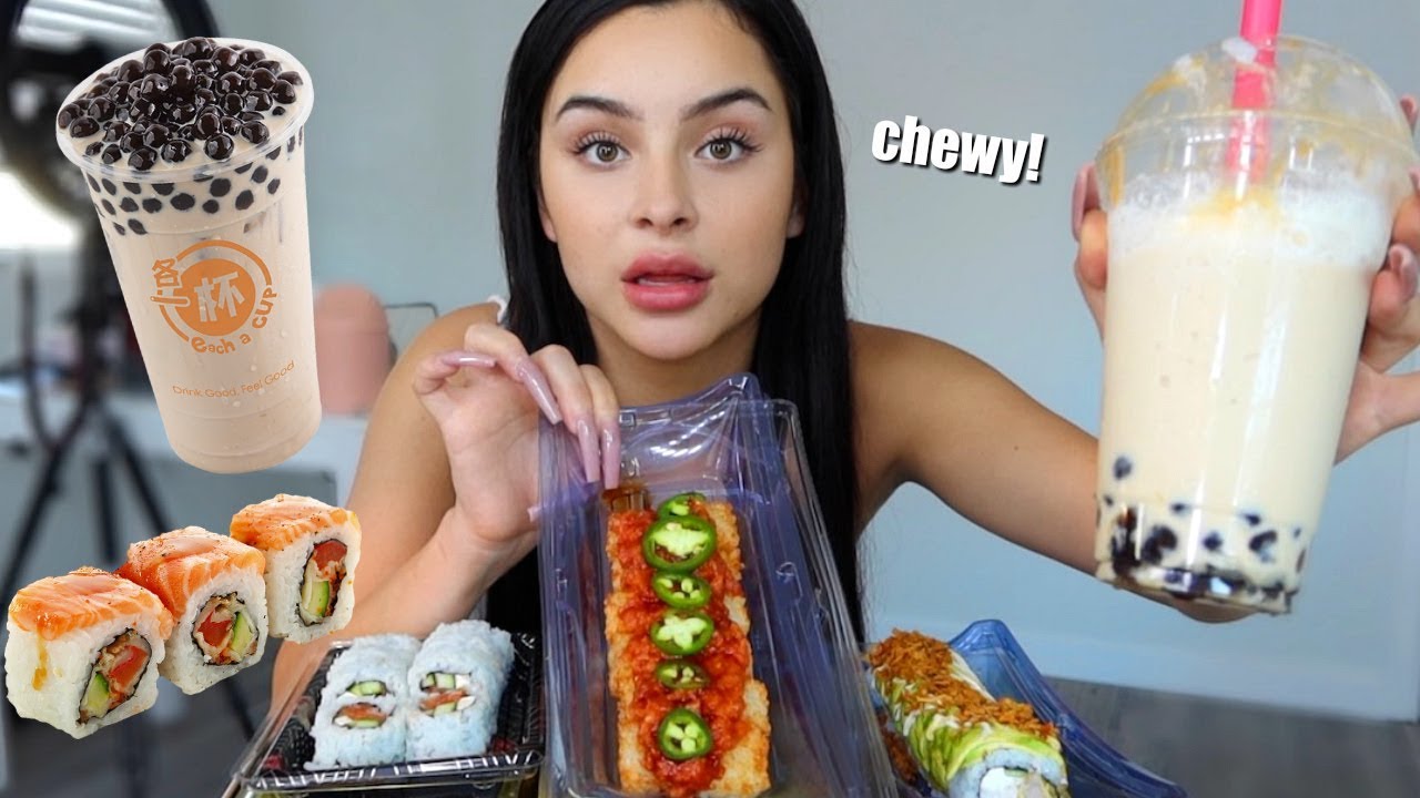 SUSHI & VANILLA LATTE BOBA MUKBANG *big bites*