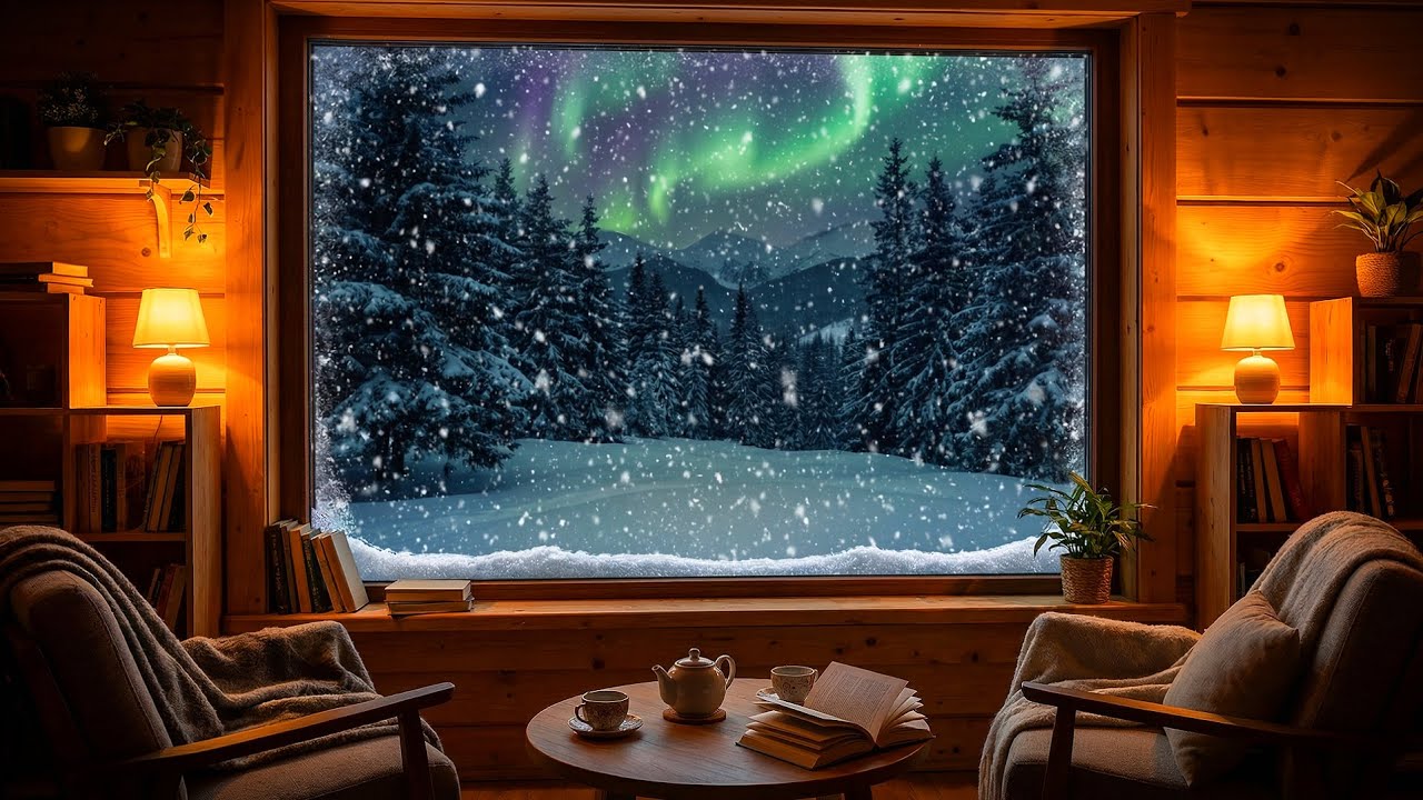 Winter Snow Night with Aurora ❄️ Relaxing Cabin Window View | 4K | NO ADS