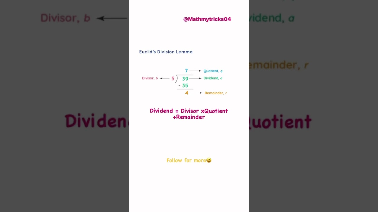 Euclid&rsquo;s division algorithm | Euclid&rsquo;s division lemma | math| #math #maths #education #study #tricks