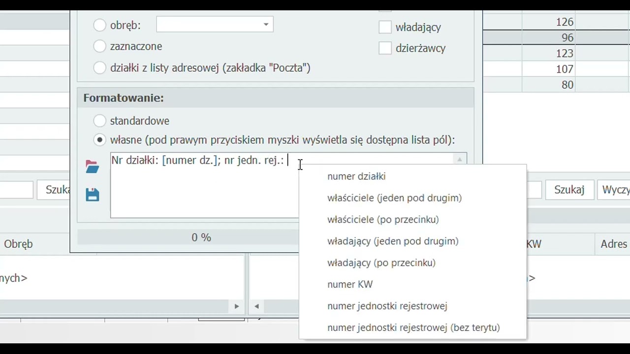 opisy do działek na mapie z danych podmiotowych w module EGiB