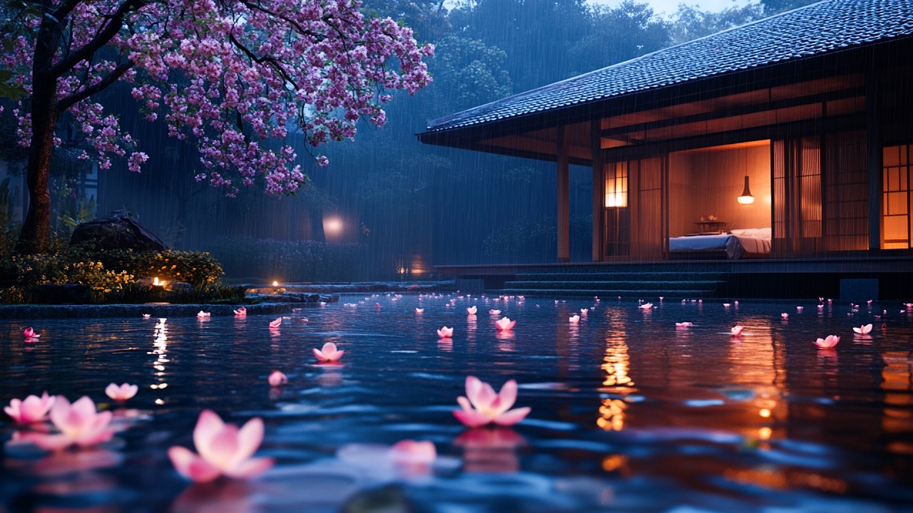 Gentle Rain Falling on Lotus Flowers 💧 | Calm Evening Reflections in a Quiet Garden