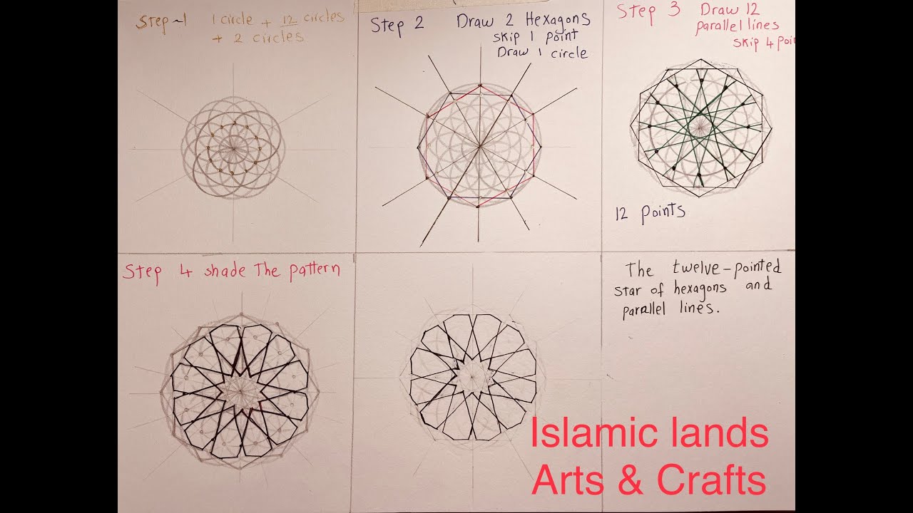 Step by step twelve pointed star of hexagons an parallel lines islamic patterns 14