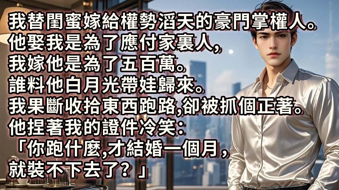 我替閨蜜嫁給權勢滔天的豪門掌權人。他娶我是為了應付家裏人，我嫁他是為了五百萬。誰料他白月光帶娃歸來。我果斷收拾東西跑路，卻被抓個正著。他捏著我的證件冷笑：「你跑什麼，才結婚一個月，就裝不下去了？」