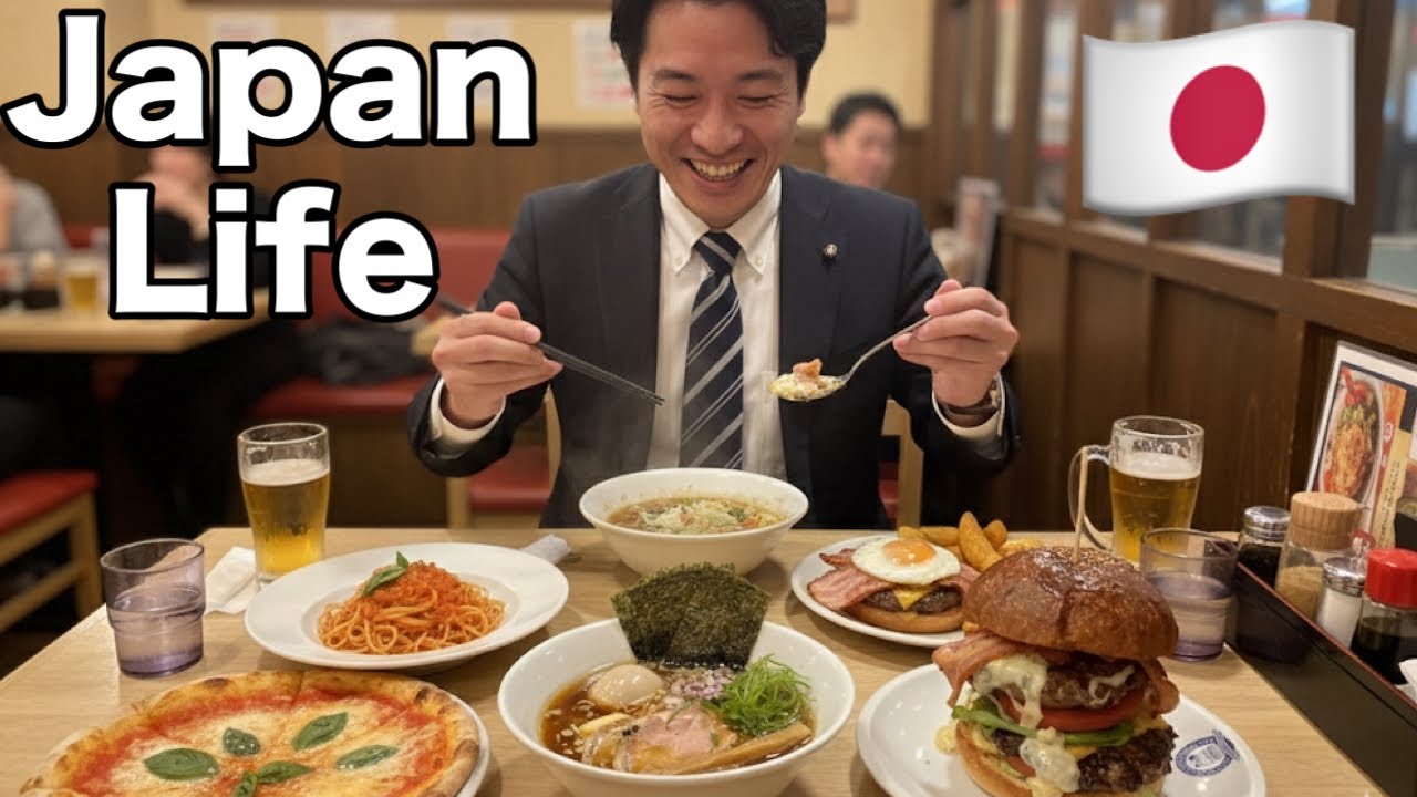Ramen($8.8), pizza($3.6), and burgers($15.9)for a Japanese salaryman’s day-off meal