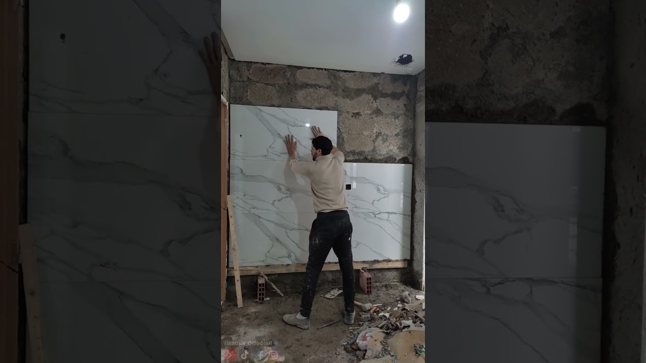 Installing 120x60 ceramic tiles on this wall / تركيب سيراميك 120&times;60
