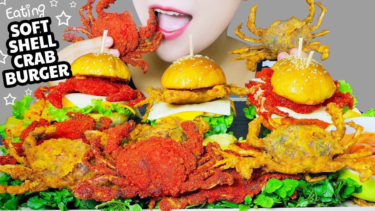 ASMR COOKING FRIED SOFT SHEEL CRAB X HOT CHEETOS X SOFT SHELL CRAB BURGER EATING SOUNDS | LINH-ASMR