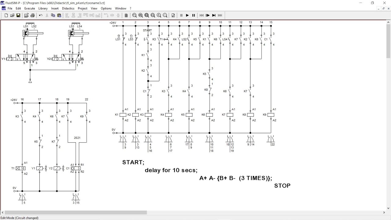 FluidSIM Tutorial : Electro-Pneumatic A+ A- B+ B- with Timer and Counter