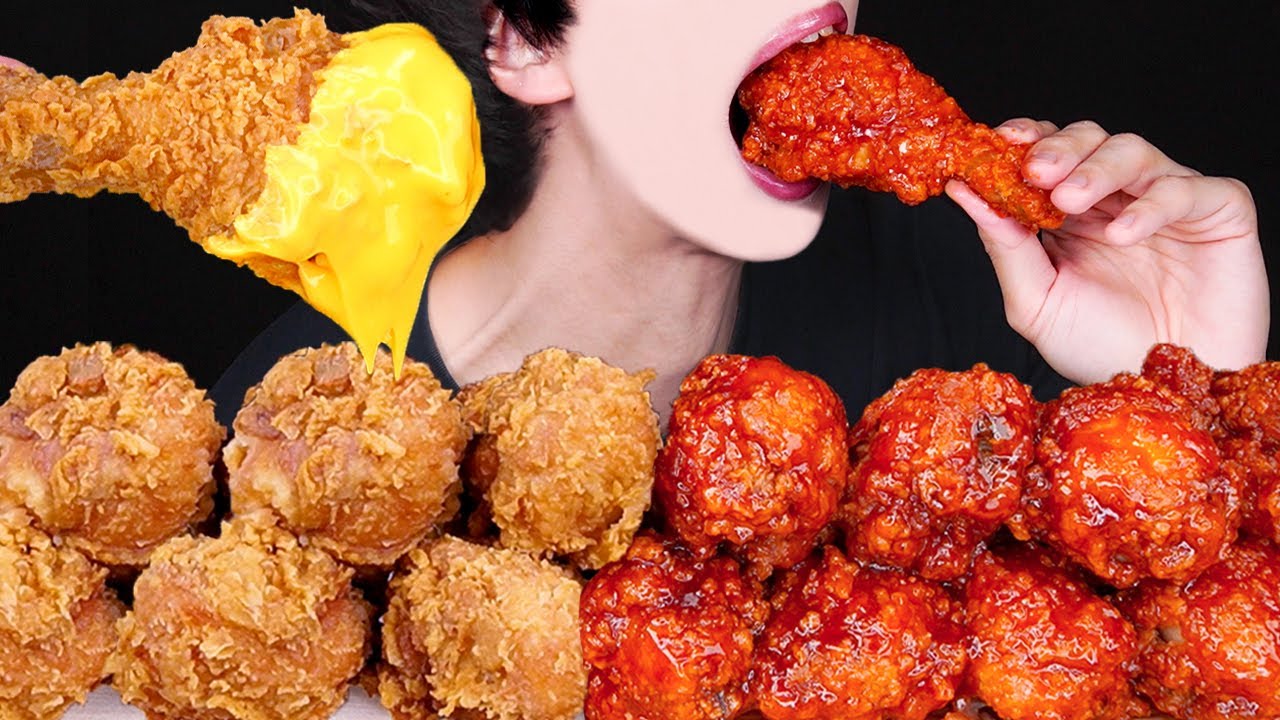 ASMR CHEESY BBQ FRIED CHICKEN SPICY FIRE SAUCE MUKBANG 치즈 양념치킨 먹방 チーズ チキン 咀嚼音 ayam EATING SOUNDS
