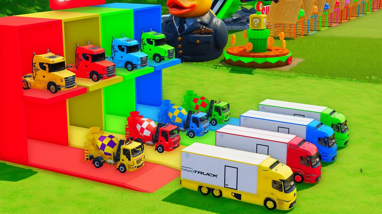 Garage with Colors - ALL MIXER TRUCK WITH FLATBED TRAILER TRUCK, PETERBILT, DAF, SCANIA, MERCEDES