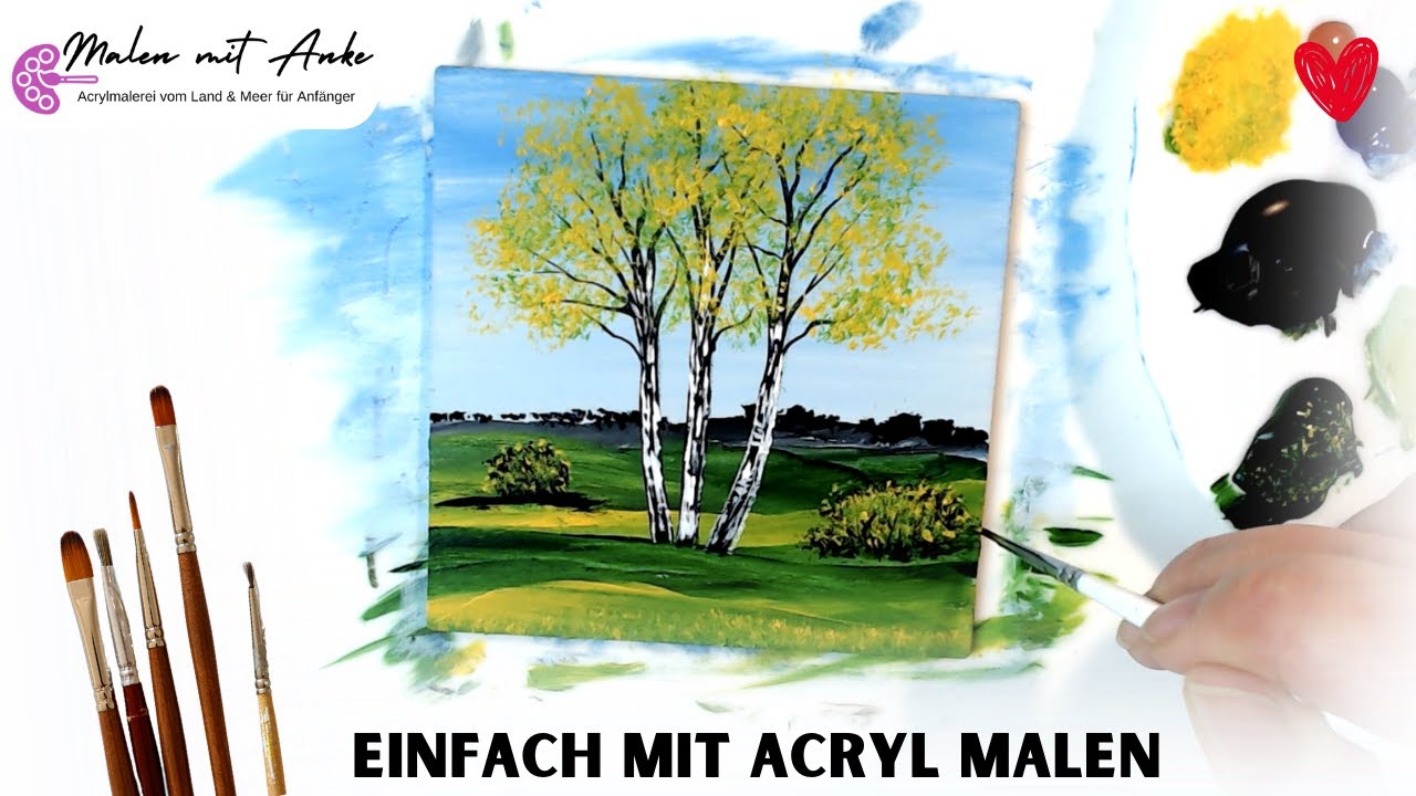 Eine malerische Landschaft mit Birken einfach selber malen mit Acrylfarben für Anfänger